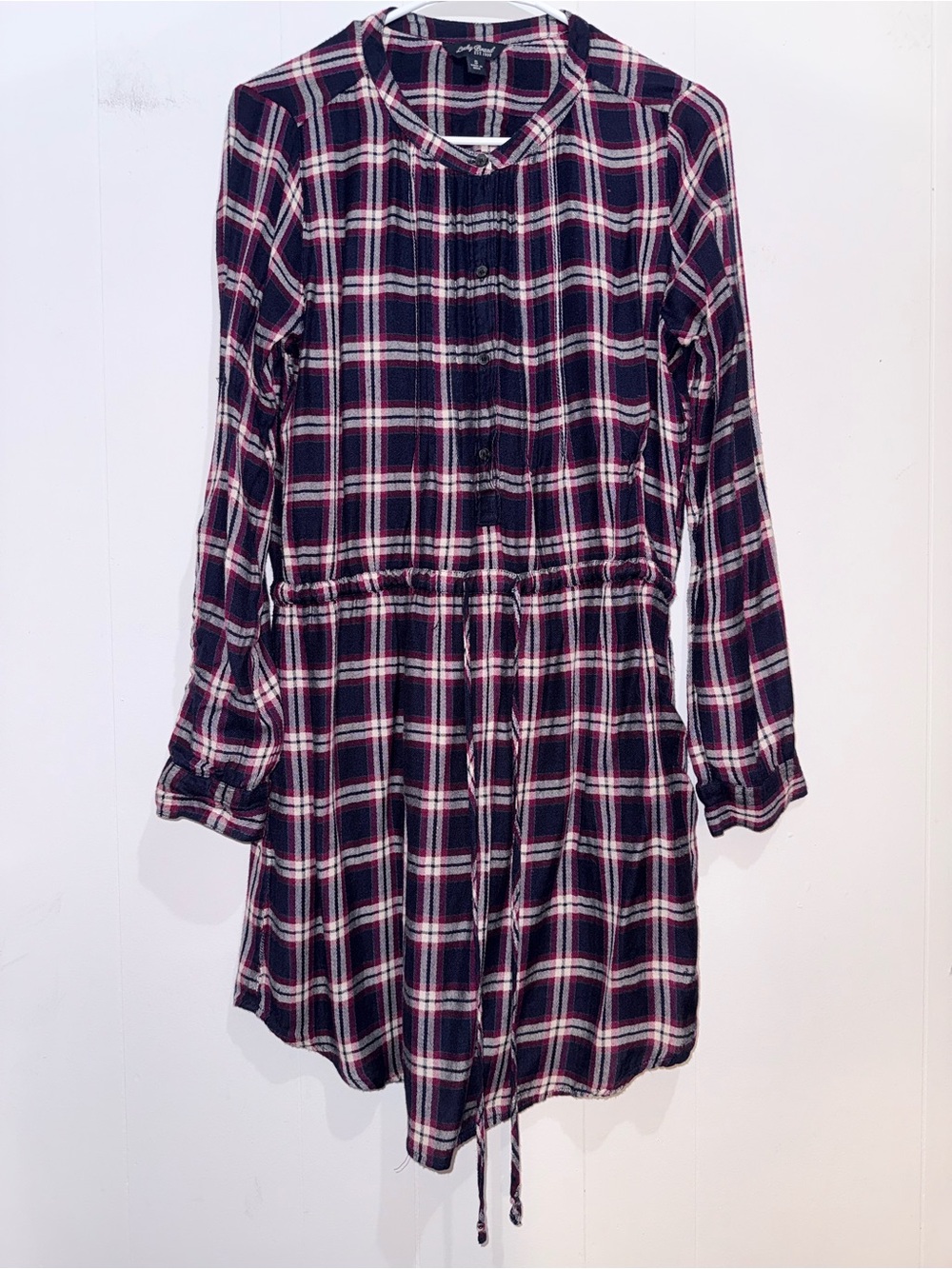 Lucky Brand Bungalow Plaid Drawstring Shirt Dress Navy Magenta Small EUC